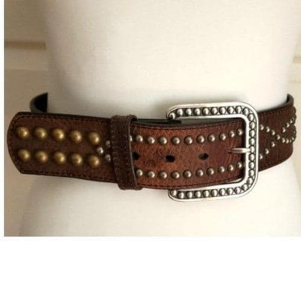 Ariat Western Brown Pebbled Leather Belt 36 Gold & Silver Tone Metal Stud Buckle